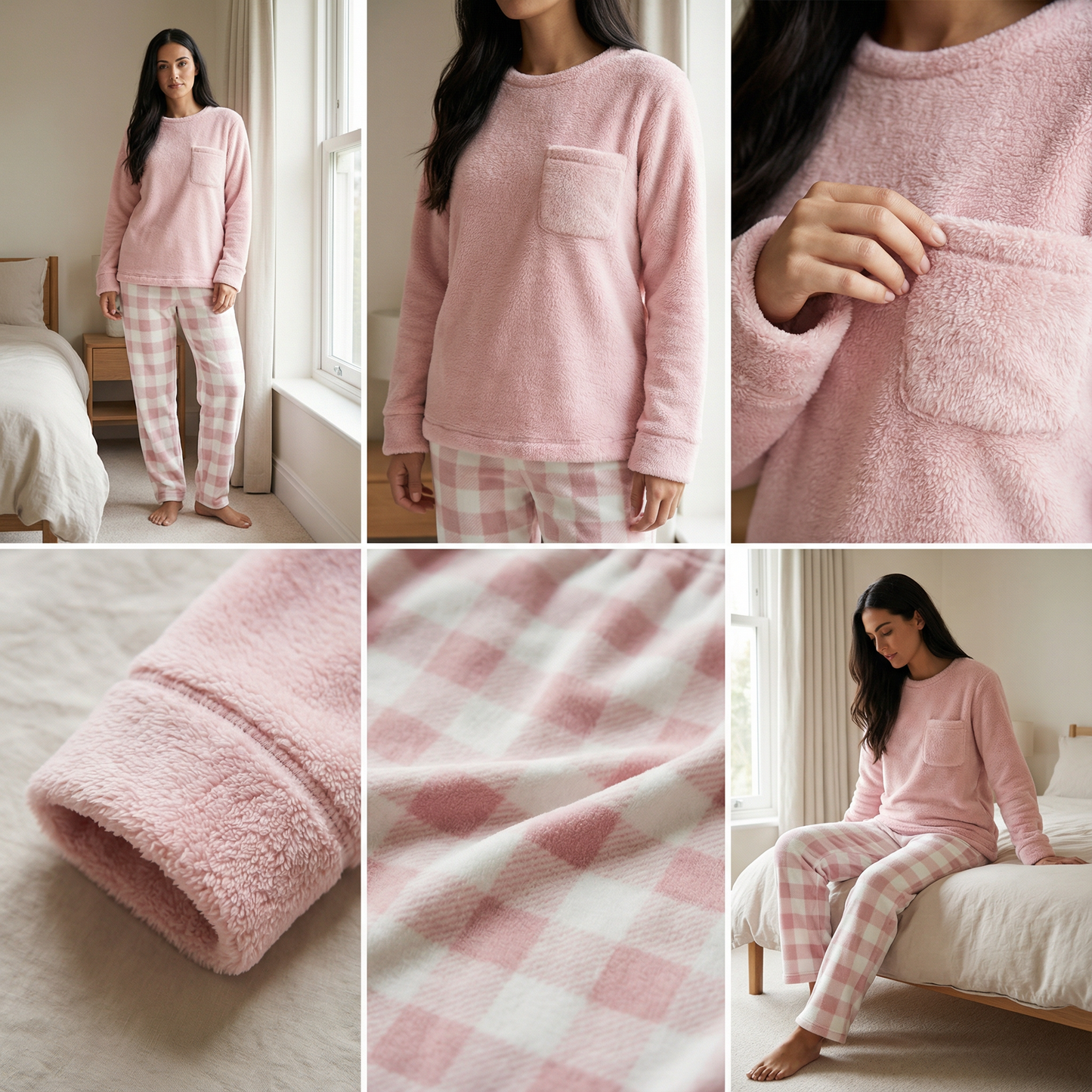 Fleece Thick Warm Women's Pajamas Set Winter Sleepwear Casual Solid Top and Plaid Pants Soft Pijamas Set for Women Home Suit