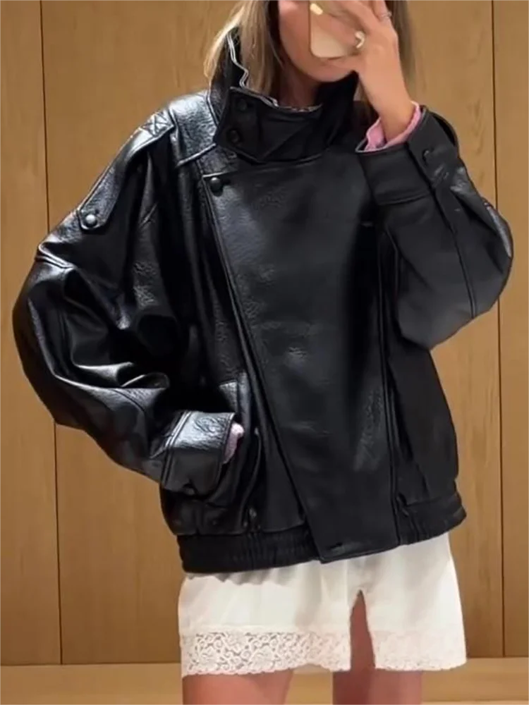 Oversized Black Leather Jacket with Button Front