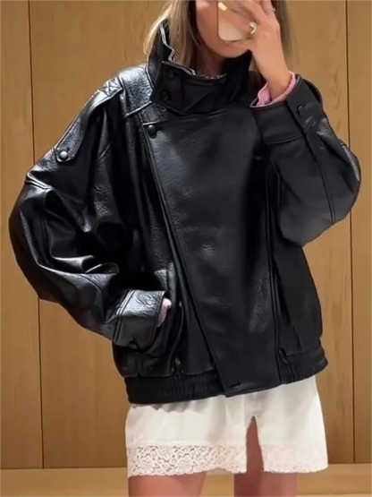 Oversized Black Leather Jacket with Button Front
