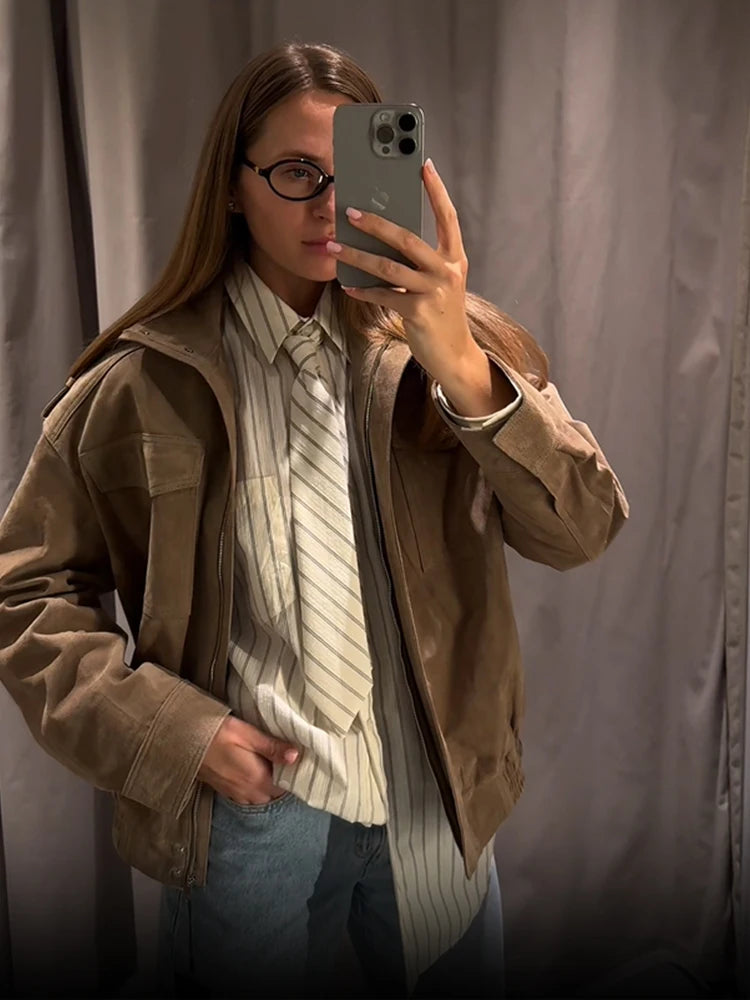 Loose-Fit Suede Bomber Jacket