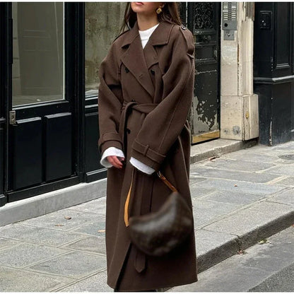 Elegant Grey Belted Faux Wool Peacoat