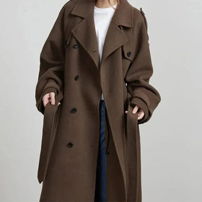 Elegant Grey Belted Faux Wool Peacoat