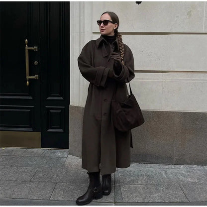 Elegant Grey Belted Faux Wool Peacoat