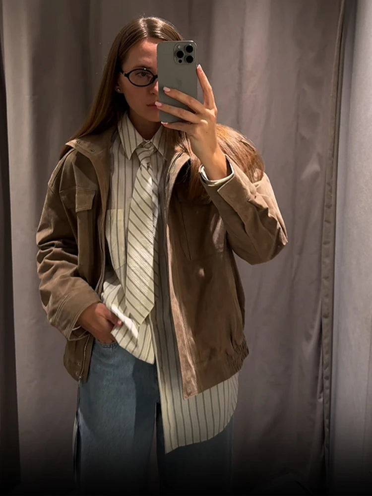 Loose-Fit Suede Bomber Jacket