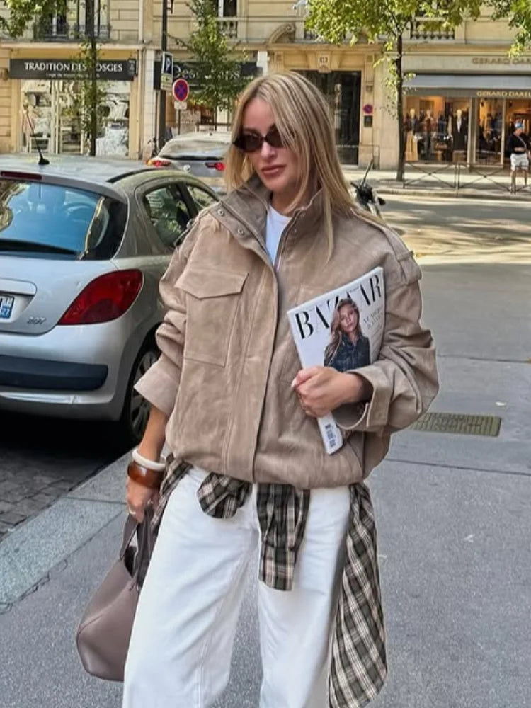 Loose-Fit Suede Bomber Jacket