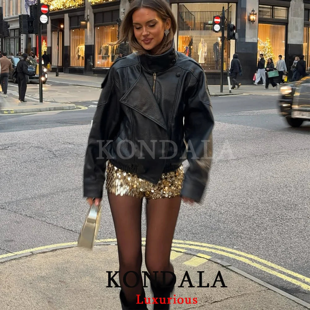 Oversized Black Leather Jacket with Button Front