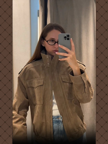 Loose-Fit Suede Bomber Jacket