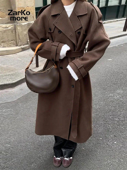 Elegant Grey Belted Faux Wool Peacoat