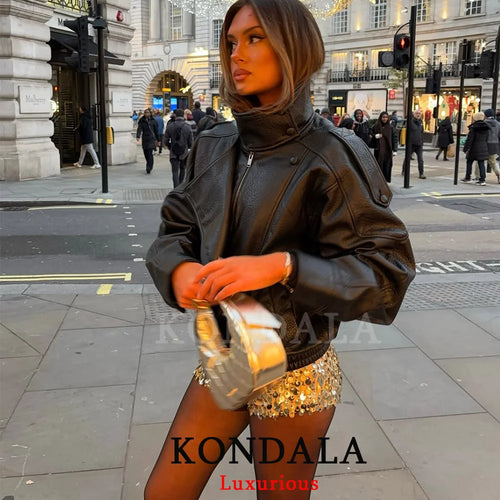 Oversized Black Leather Jacket with Button Front
