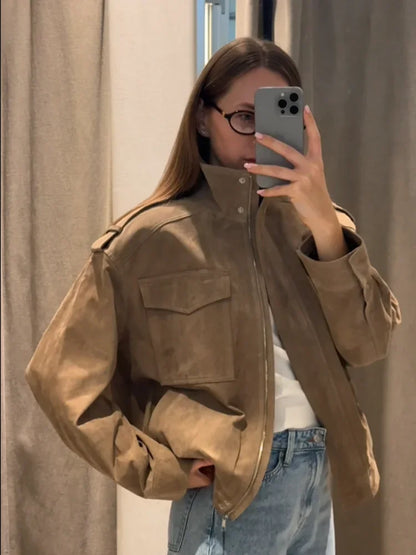Loose-Fit Suede Bomber Jacket