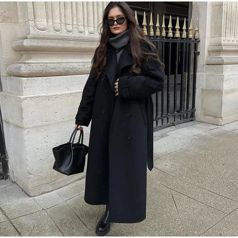 Elegant Grey Belted Faux Wool Peacoat