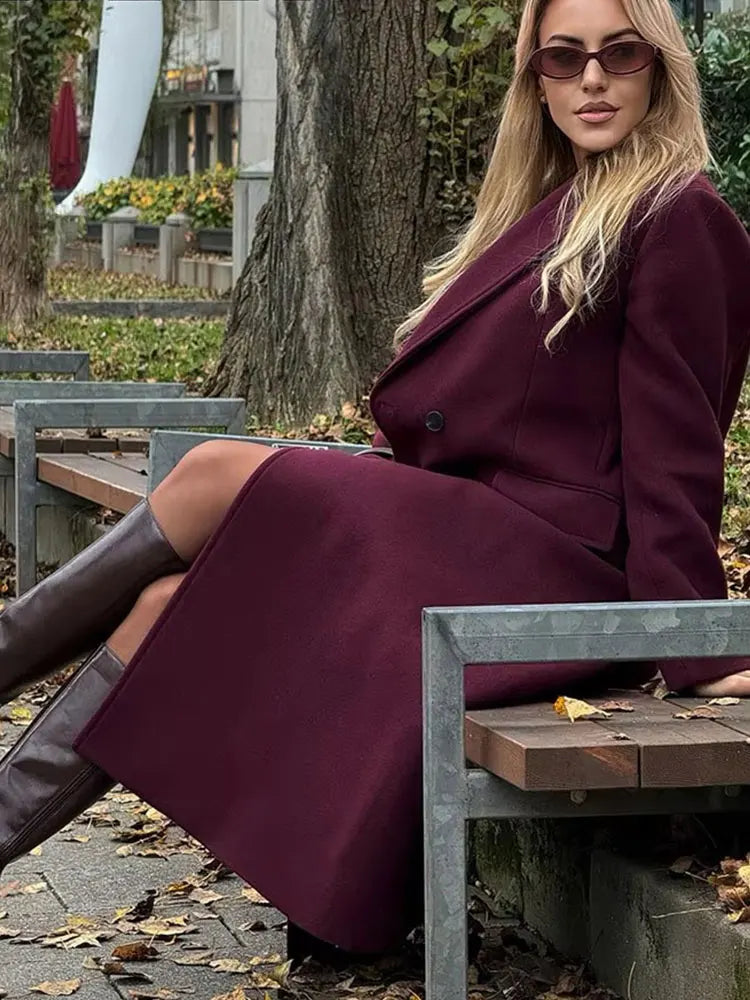Burgundy Double-Breasted Blend Coat