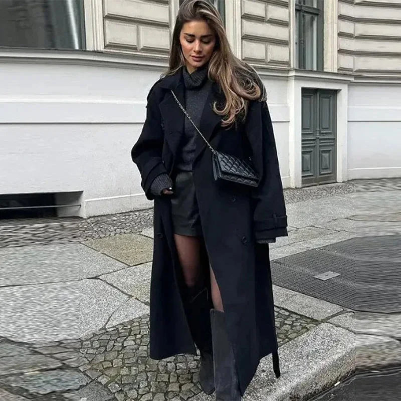 Elegant Grey Belted Faux Wool Peacoat