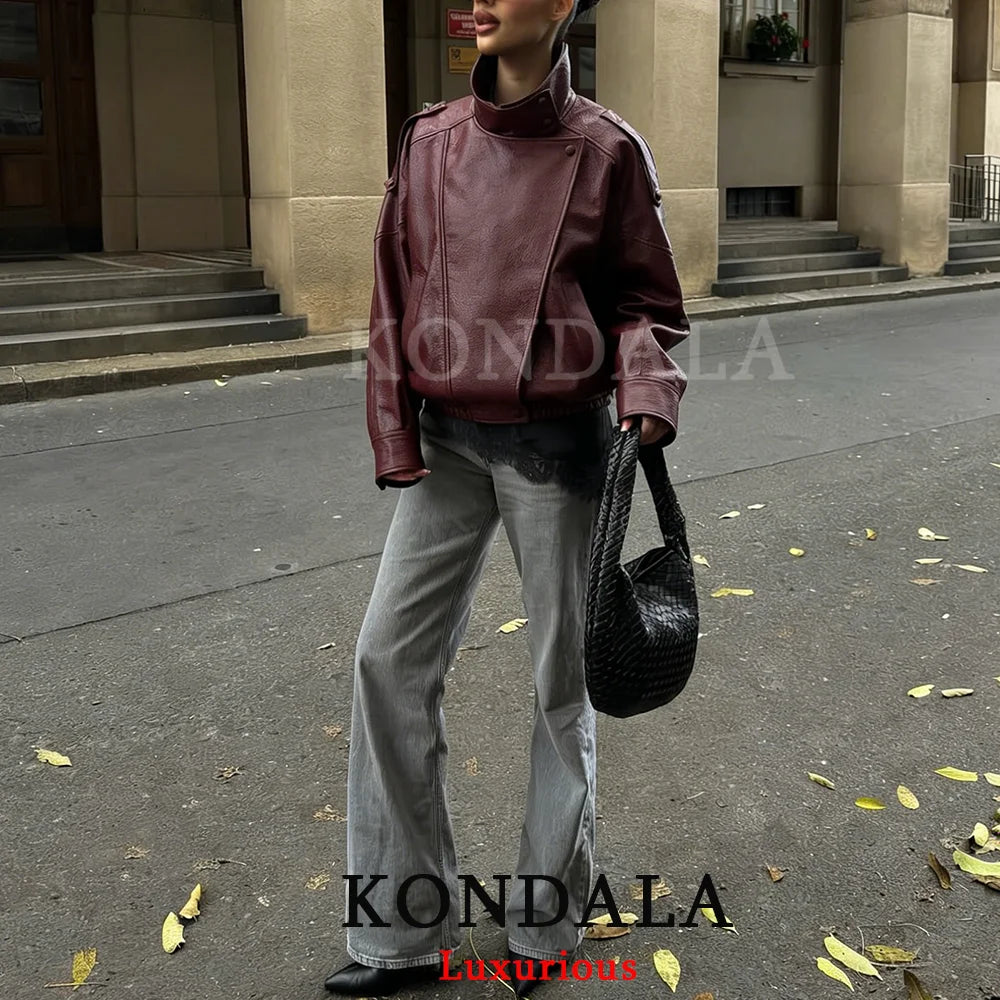Oversized Black Leather Jacket with Button Front