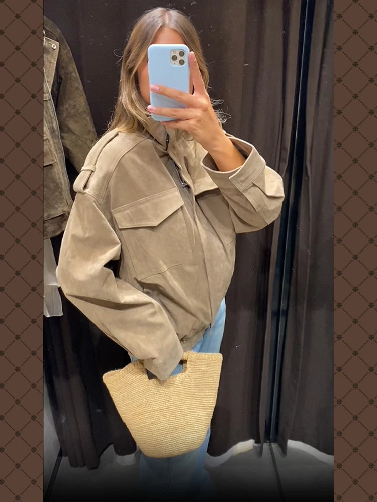 Loose-Fit Suede Bomber Jacket