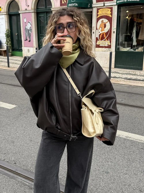Leather Zip Jacket with Belt