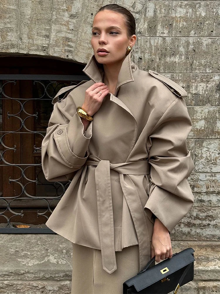 Lace-Up Shawl-Sleeve Trench Coat