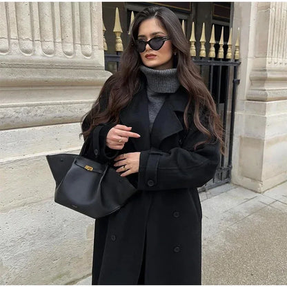 Elegant Grey Belted Faux Wool Peacoat