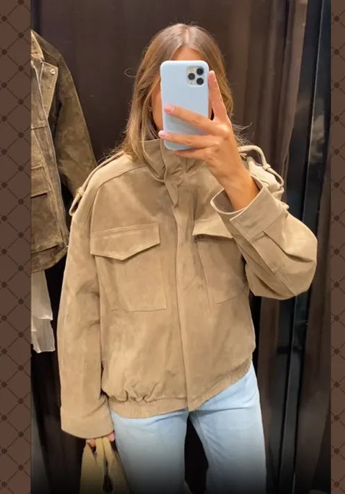 Loose-Fit Suede Bomber Jacket