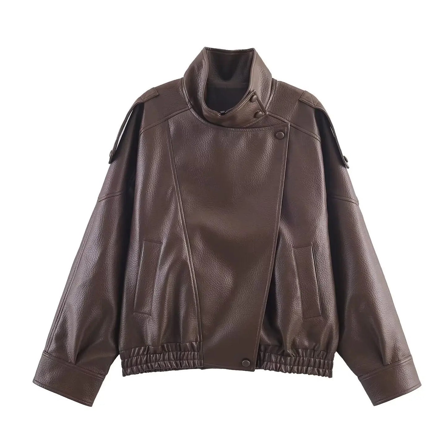 Oversized Black Leather Jacket with Button Front