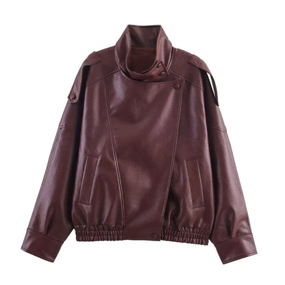 Oversized Black Leather Jacket with Button Front