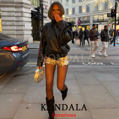 Oversized Black Leather Jacket with Button Front