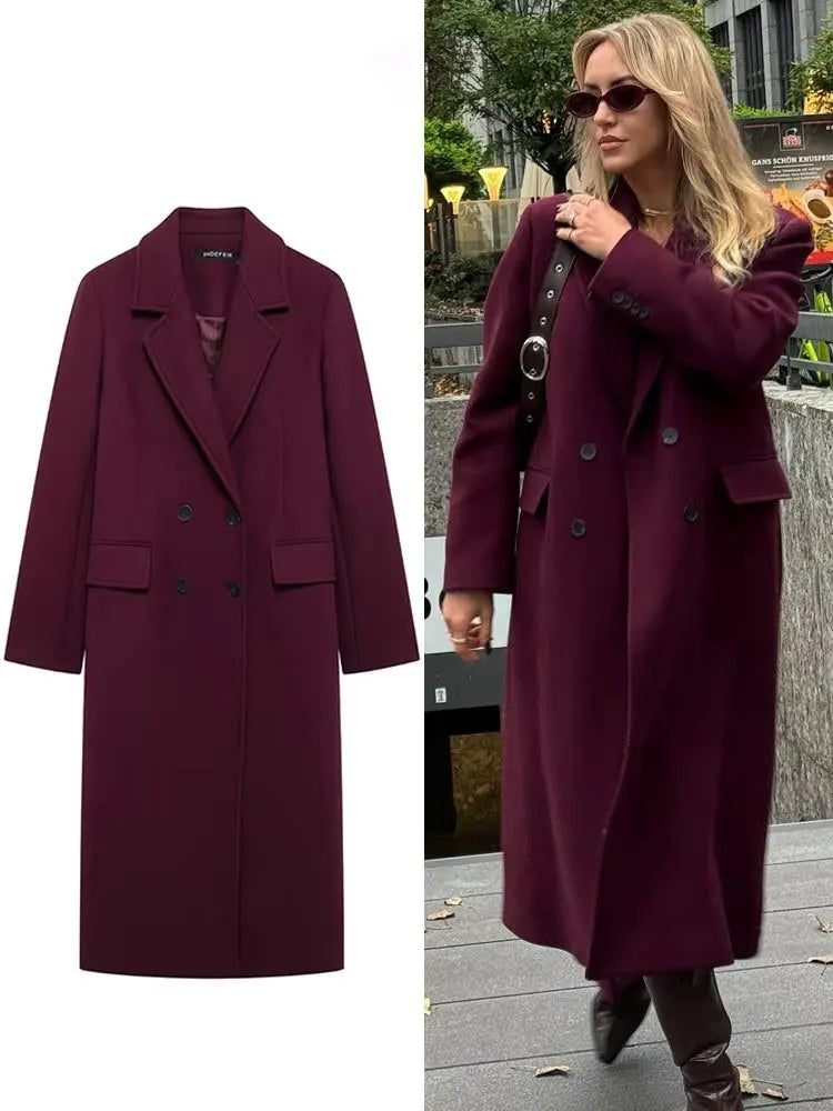 Burgundy Double-Breasted Blend Coat