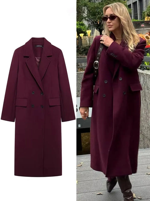 Burgundy Double-Breasted Blend Coat