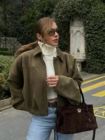 Loose-Fit Suede Bomber Jacket