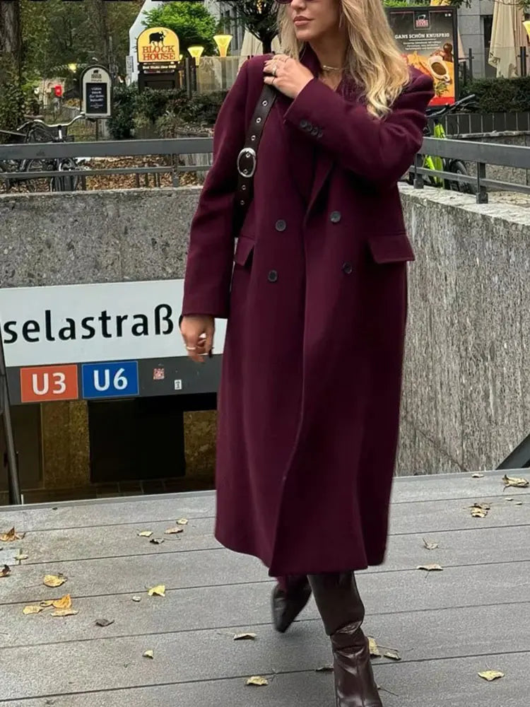 Burgundy Double-Breasted Blend Coat