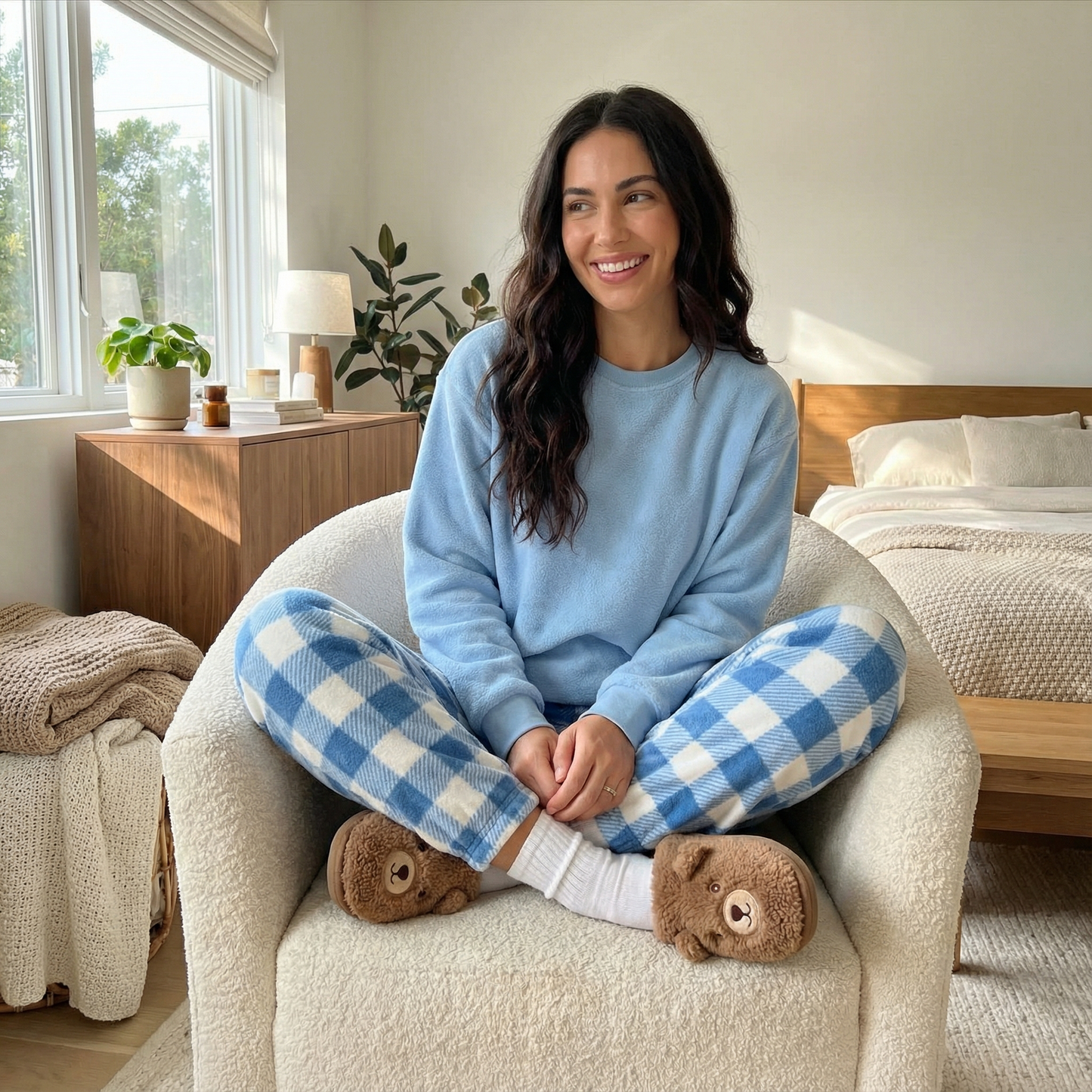 Fleece Thick Warm Women's Pajamas Set Winter Sleepwear Casual Solid Top and Plaid Pants Soft Pijamas Set for Women Home Suit