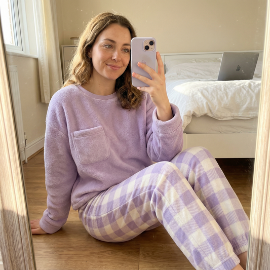 Fleece Thick Warm Women's Pajamas Set Winter Sleepwear Casual Solid Top and Plaid Pants Soft Pijamas Set for Women Home Suit